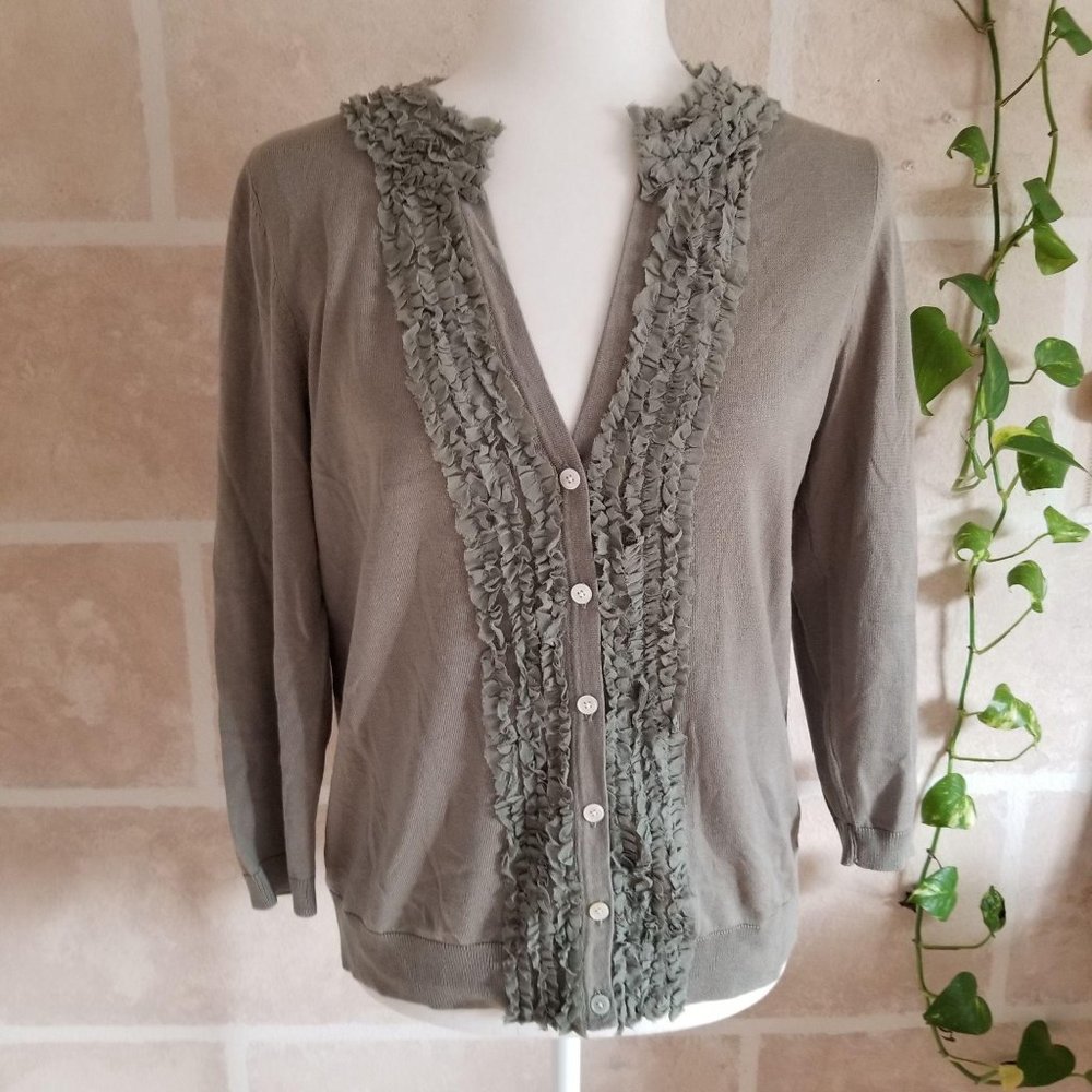 Talbots Olive Ruffle Trim Cardigan Sweater Sage Green Grey Sz Medium NEW NWOT - Picture 6 of 10